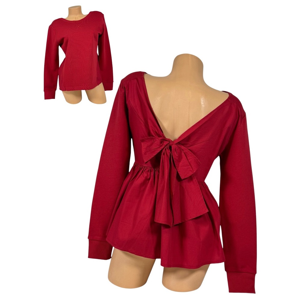 Ella Moss Women's Junior Size Medium‎ Sabrina Red Bow Back Peplum Sweatshirt Top